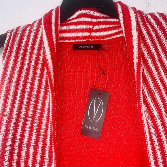 VertiGo striped sleeveless red white striped duster draped tunic cardigan - Picture 5 of 10